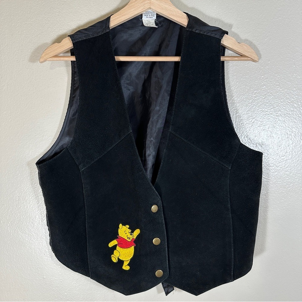 Disney Pooh Women's OS Suede Vest Black Embroidered Winnie The Pooh Vintage 90s